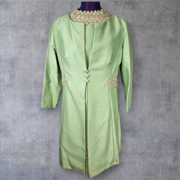 Vintage Sylvia Ann 60s Green Raw Silk Sheath Dress & Coat Size Medium Women L17 - Picture 1 of 15